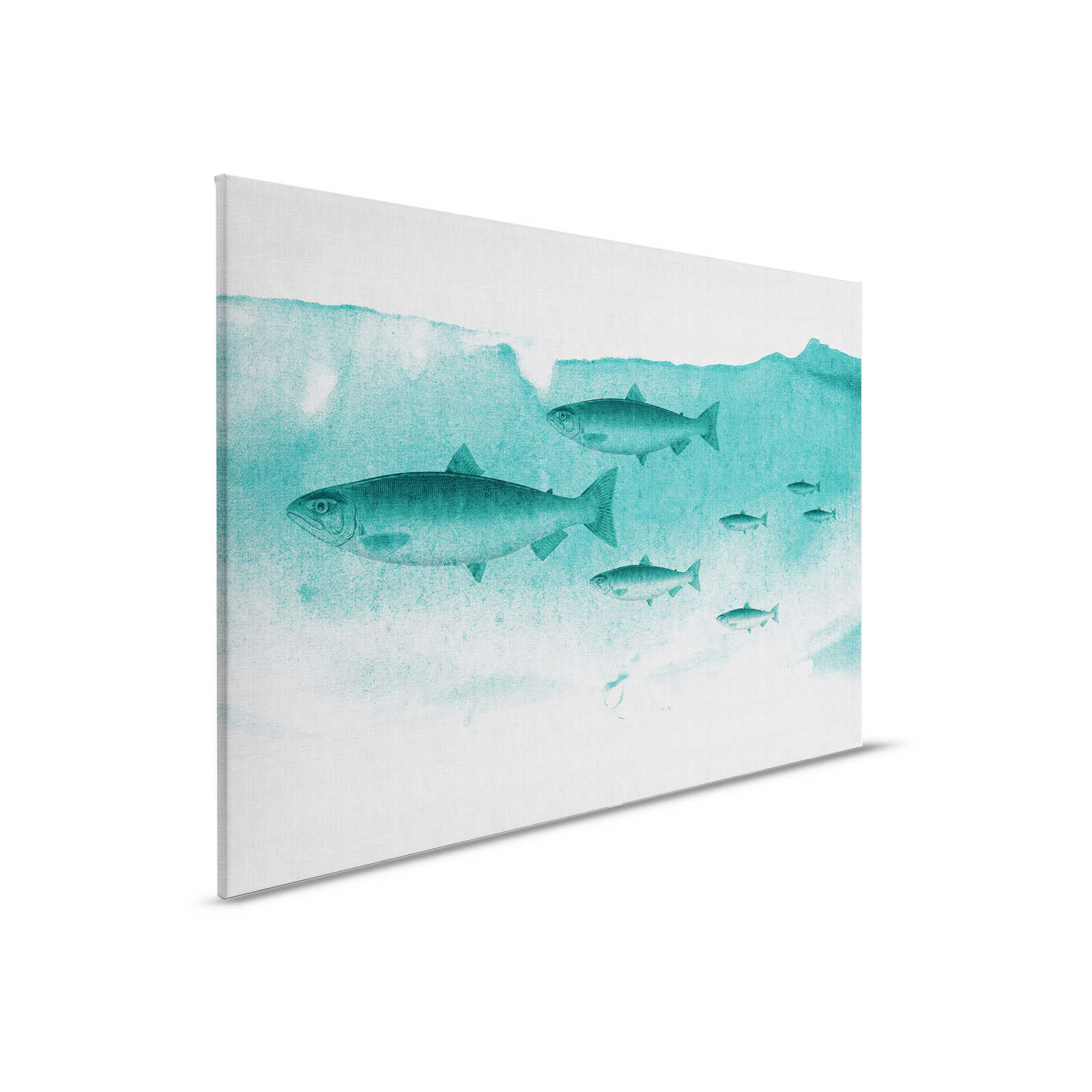 Into the blue 2 - Acuarela de peces en verde como cuadro de lienzo - estructura de lino natural - 0,90 m x 0,60 m
