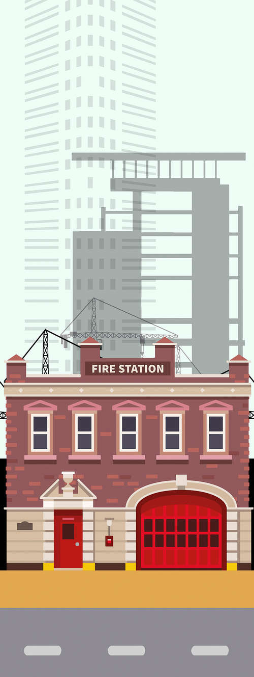             Carta da parati città Stazione dei pompieri e grattacieli su tessuto non tessuto liscio opaco
        