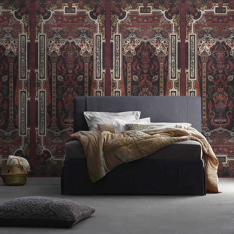 Photo wallpaper »karim« - Ornamental panelling with vintage plaster texture - Dark red | Smooth, slightly pearlescent non-woven fabric
