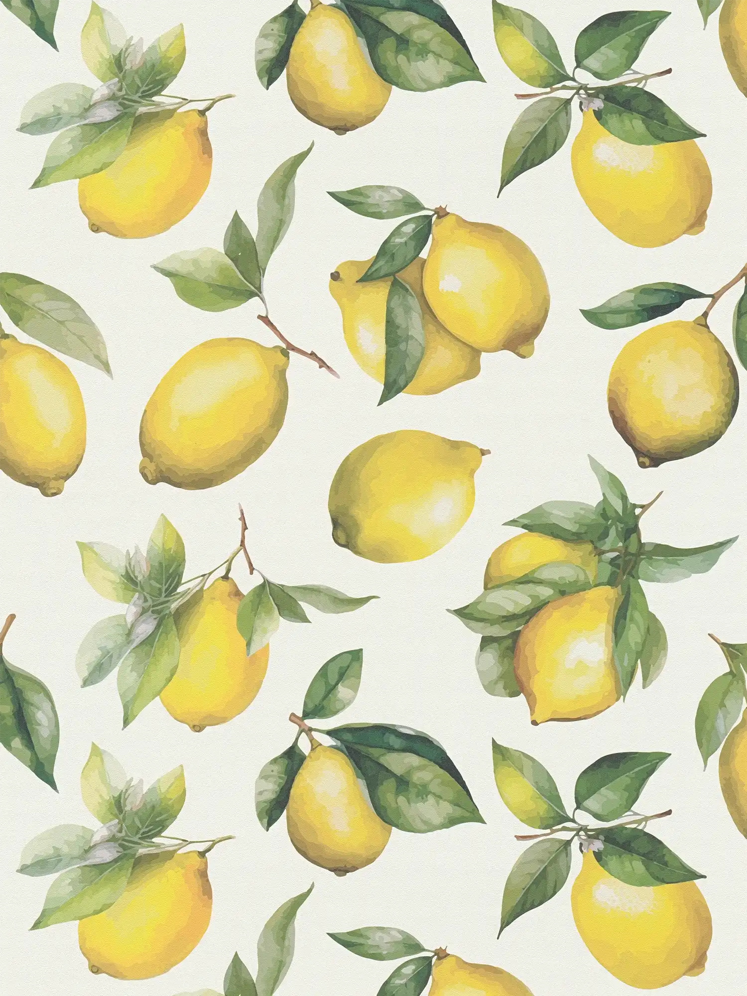         Non-woven wallpaper with painted lemon motif - white, yellow, green
    