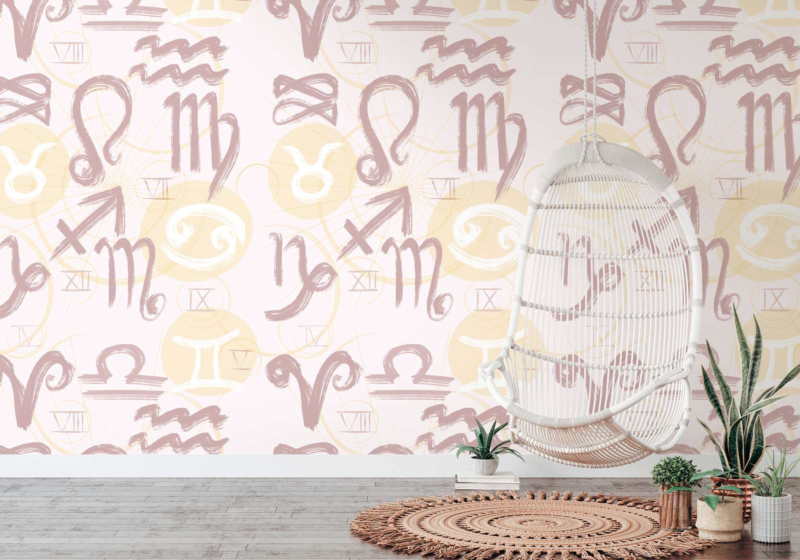             Papier peint avec symboles du zodiaque et chiffres romains - crème, jaune, rose
        