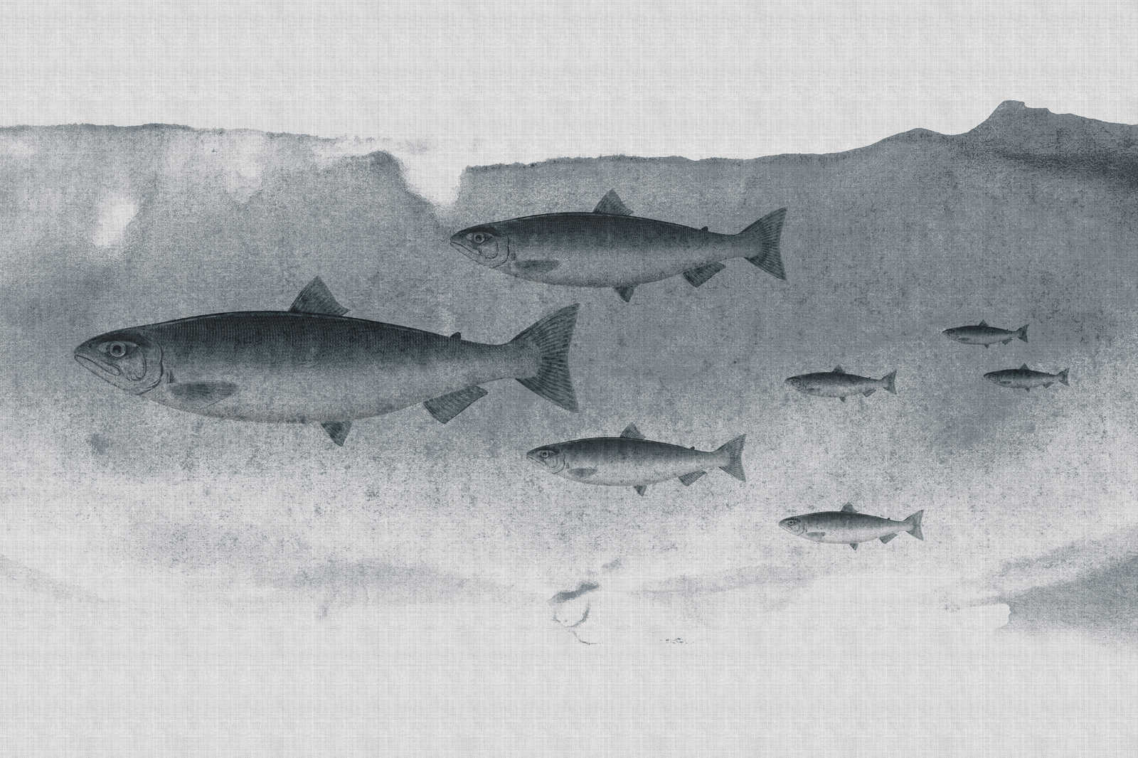             Into the blue 3 - Acuarela de peces en gris como cuadro en lienzo con estructura de lino natural - 0,90 m x 0,60 m
        