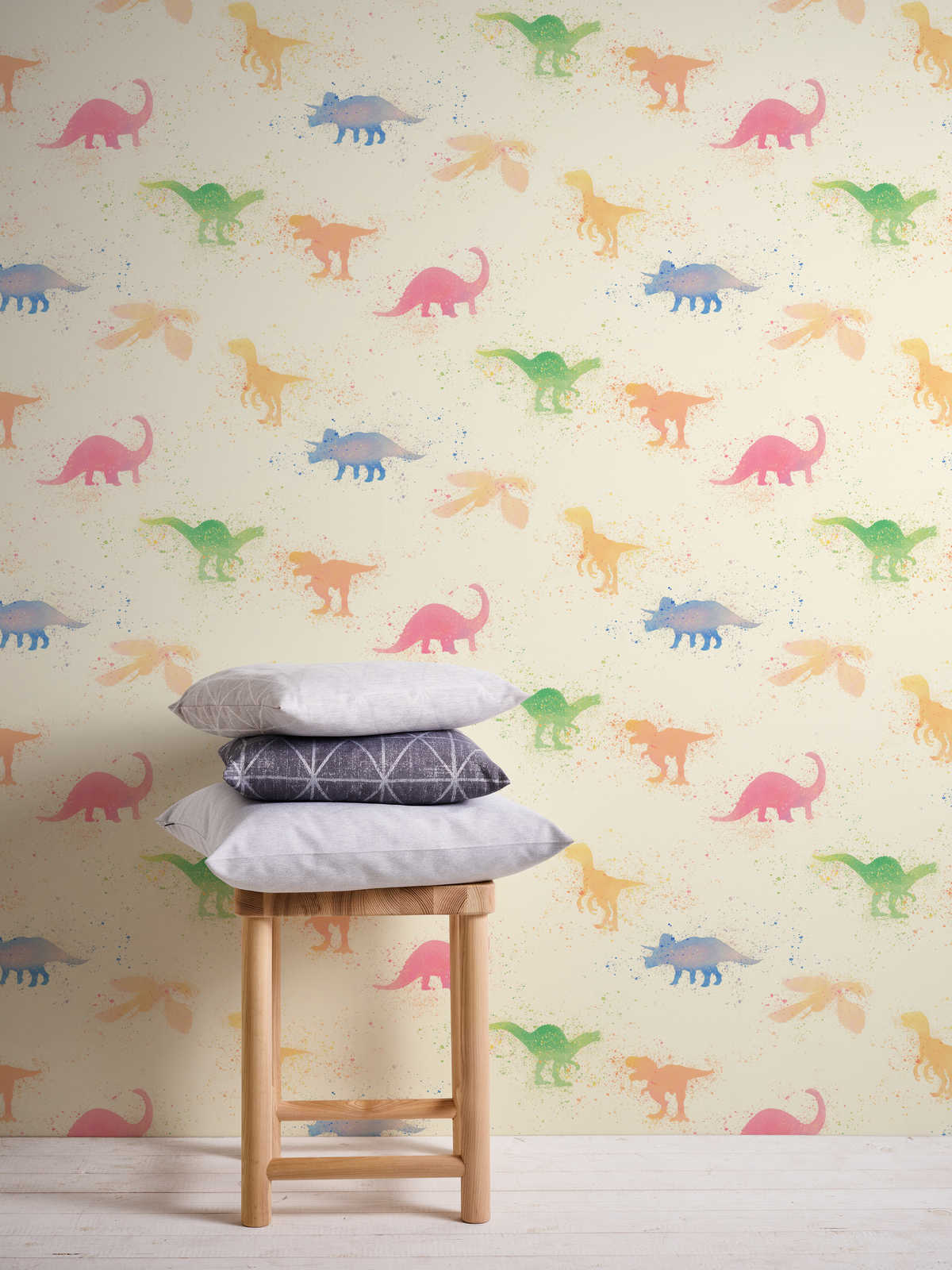             Dino wallpaper watercolour nursery - colourful, beige, pink
        