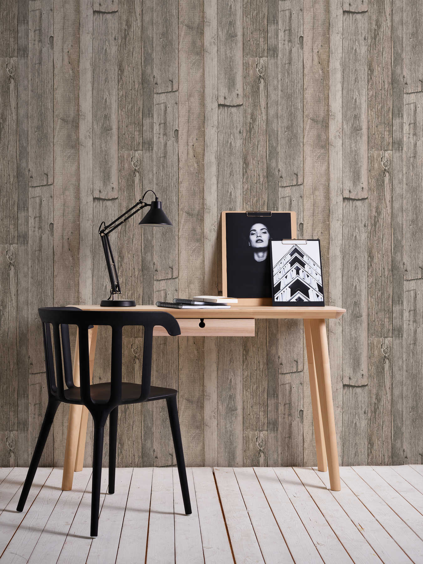             Wooden wallpaper with boards in rustic industrial design - beige, black, cream
        