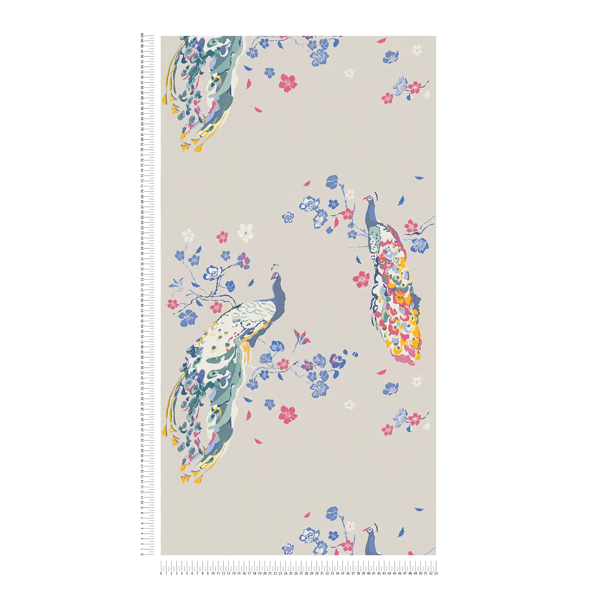             Pattern wallpaper with peacock pattern and glossy effect - beige, blue, colourful
        