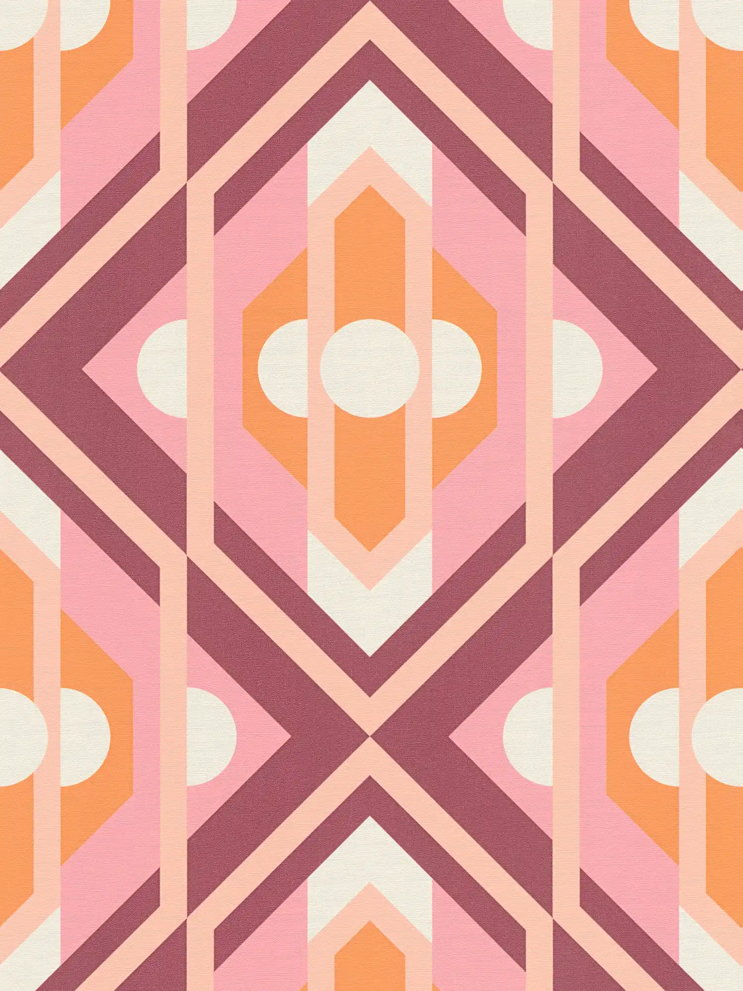 Non-woven wallpaper with geometric ornaments in retro style - orange, pink, white
