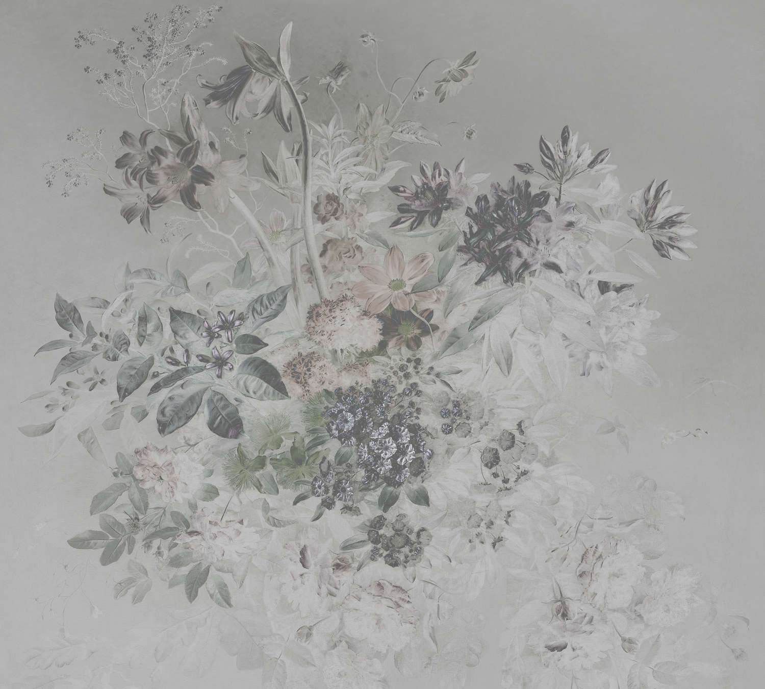             Muurschildering romantisch bloemmotief - grijs, wit
        