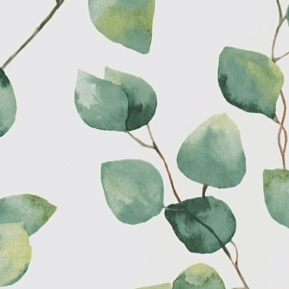             Carta da parati autoadesiva | Tralci di foglie in stile acquerello - bianco, verde
        