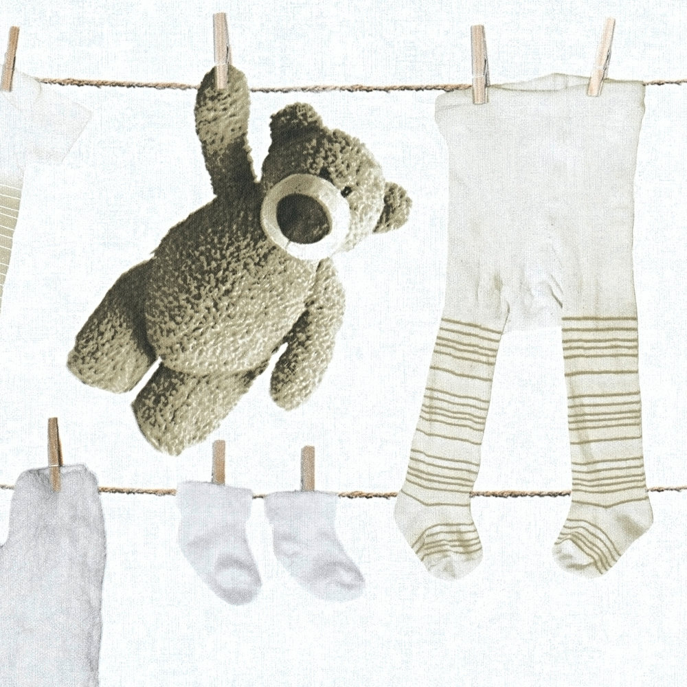             Nursery wallpaper baby clothesline with teddy bear - cream
        