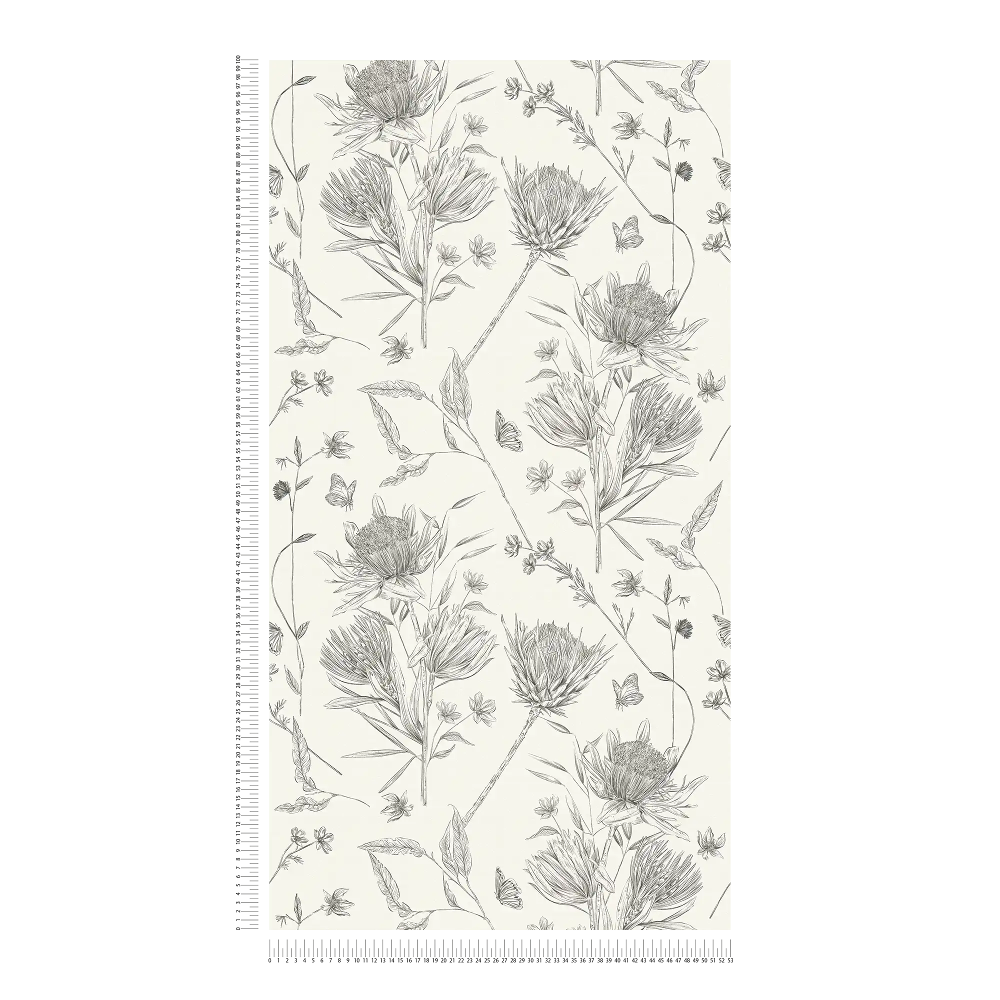             Carta da parati floreale con foglie e farfalle, opaca - bianco, nero
        