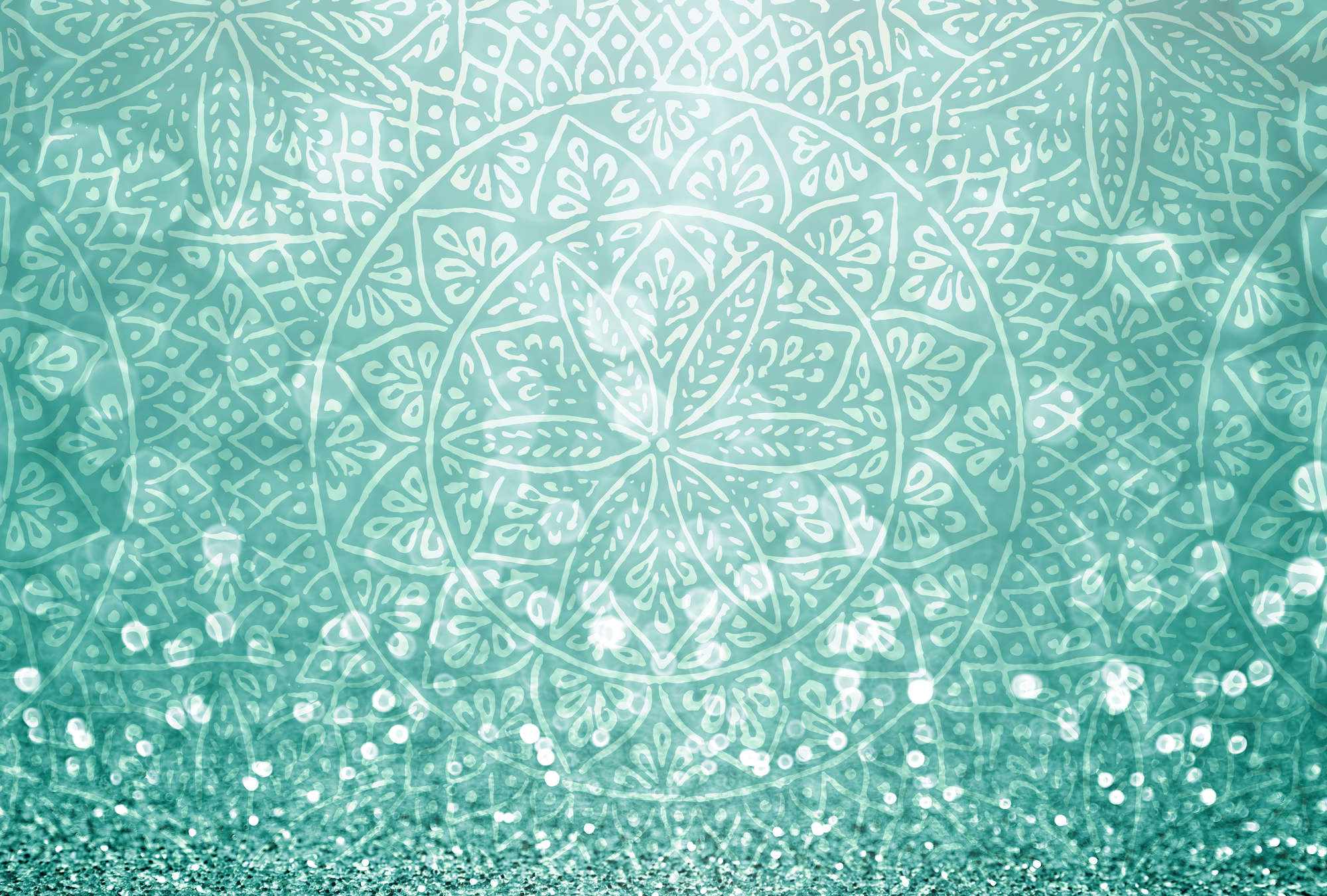             Papier peint turquoise avec paillettes & design boho - vert, blanc
        