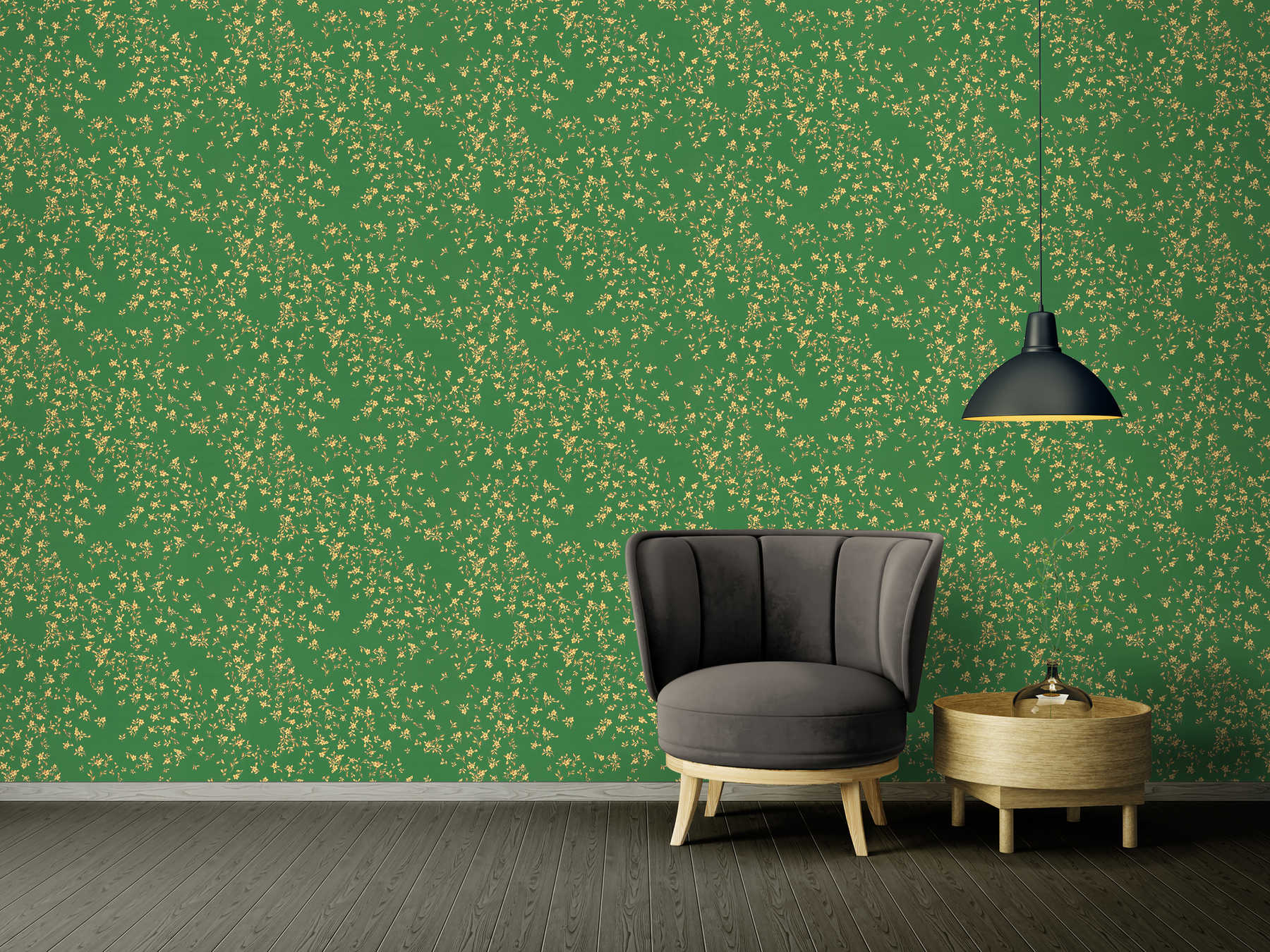             Green VERSACE wallpaper with golden flowers - green, gold, yellow
        