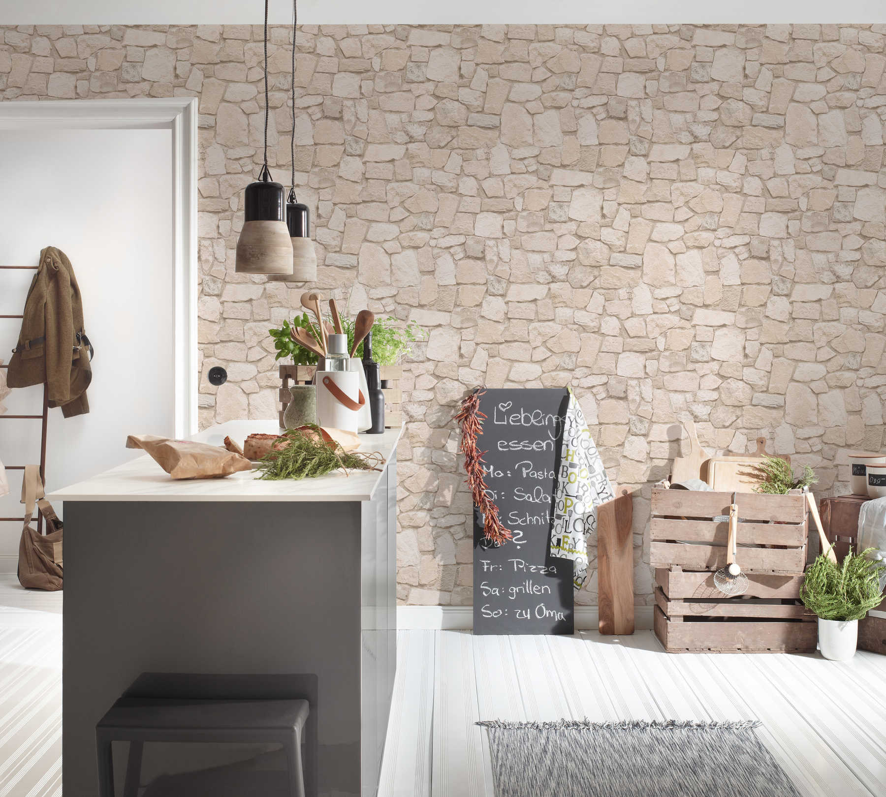             Stone wallpaper with 3D effect and sandstone masonry - beige, brown
        