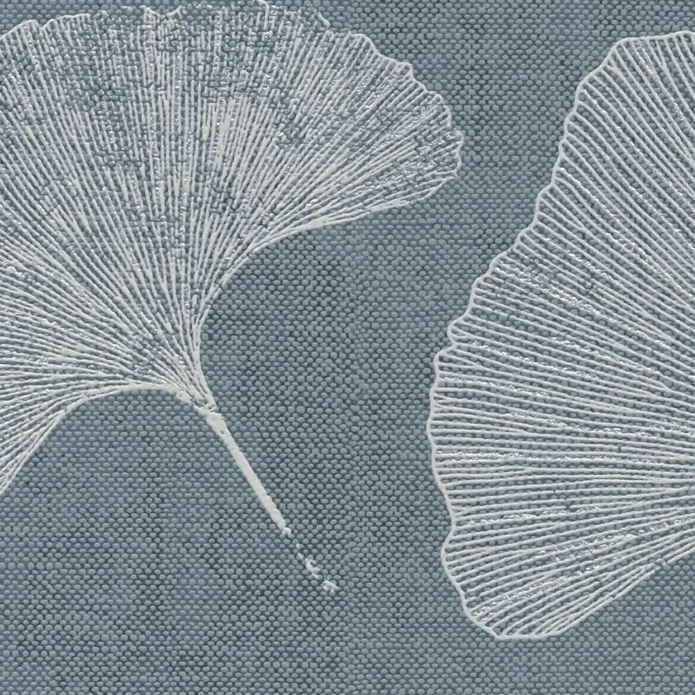             papier peint en papier floral avec feuilles structuré mat - bleu, blanc, argenté
        