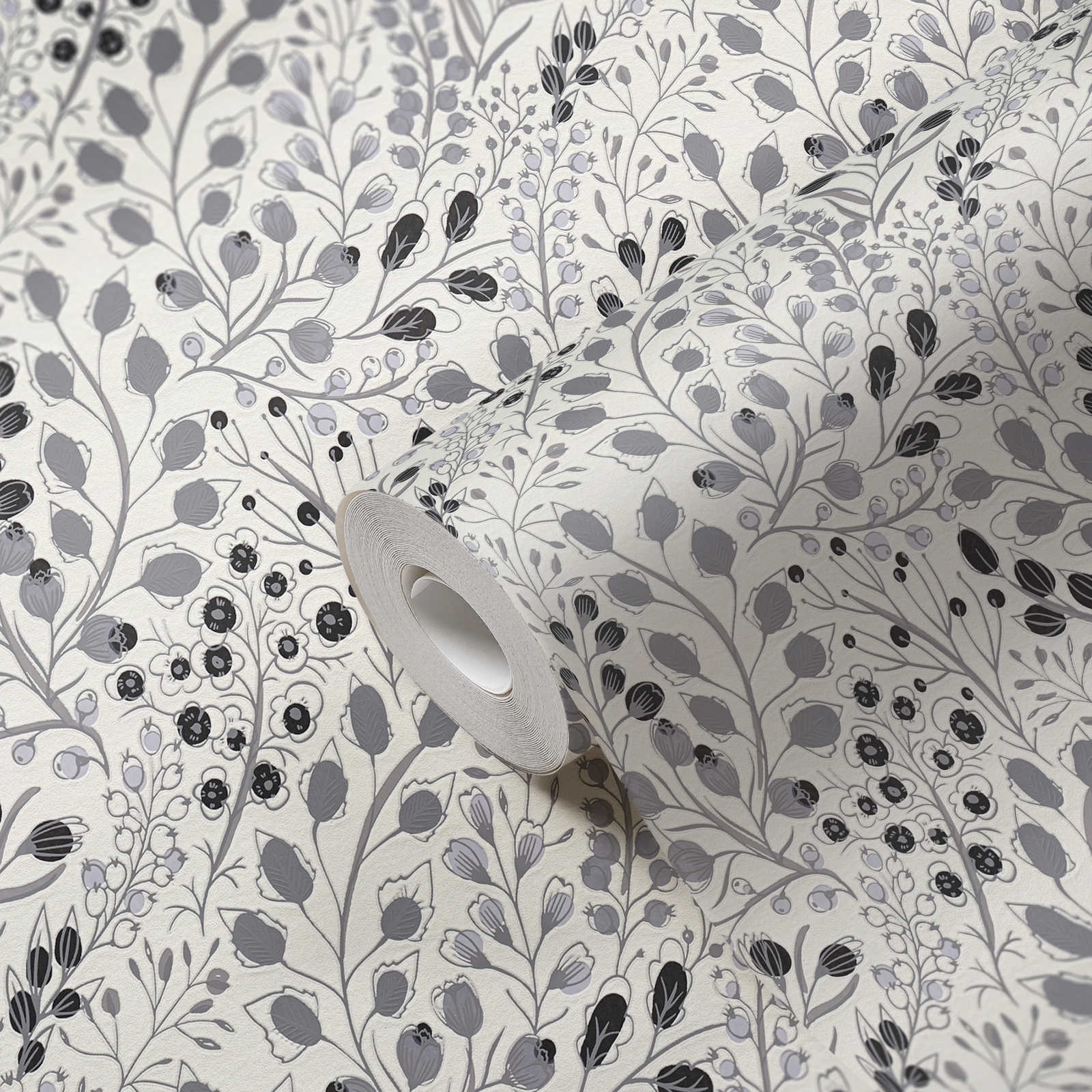             Papier peint abstrait floral style dessin mat - gris, blanc, noir
        