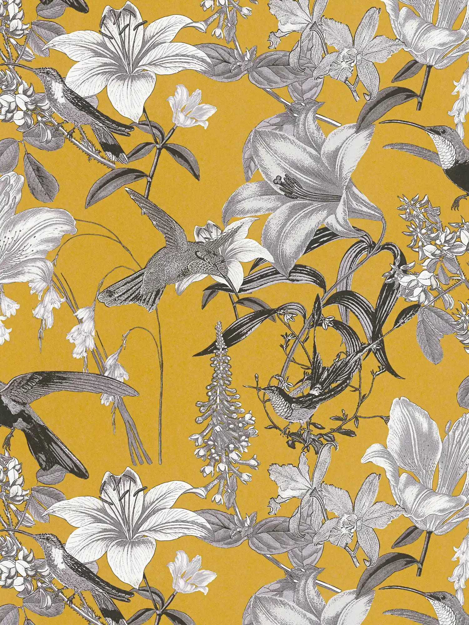 Carta da parati floreale giallo senape con fiori e motivi di colibrì - giallo, grigio, nero
