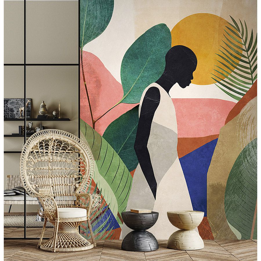 Photo wallpaper »nala« - Silhouette, leaves & grasses - Colourful motif on vintage plaster texture | Smooth, slightly shiny premium non-woven fabric
