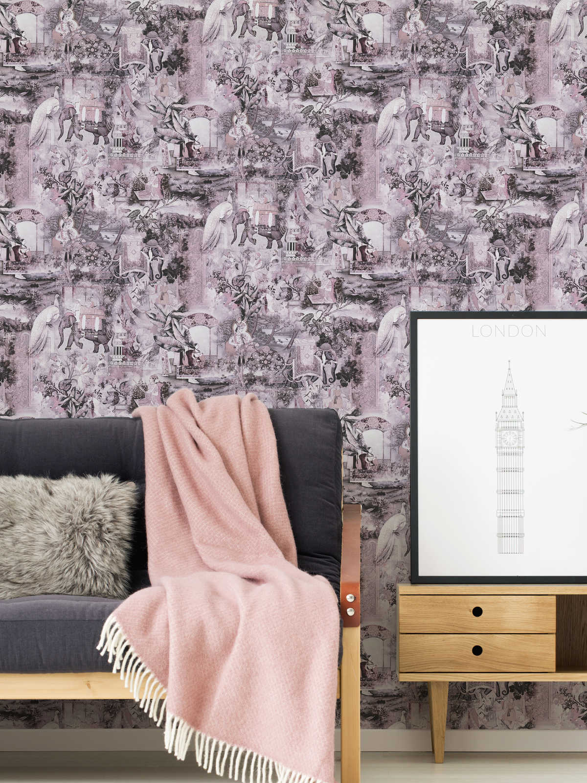             Non-woven wallpaper India with elephant & vintage pattern - pink, grey
        