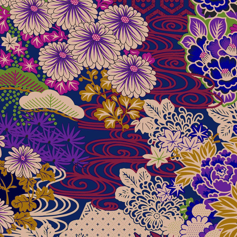             Photo wallpaper »kimo 2« - Abstract flower artwork - Purple, Green | Smooth, slightly shiny premium non-woven fabric
        