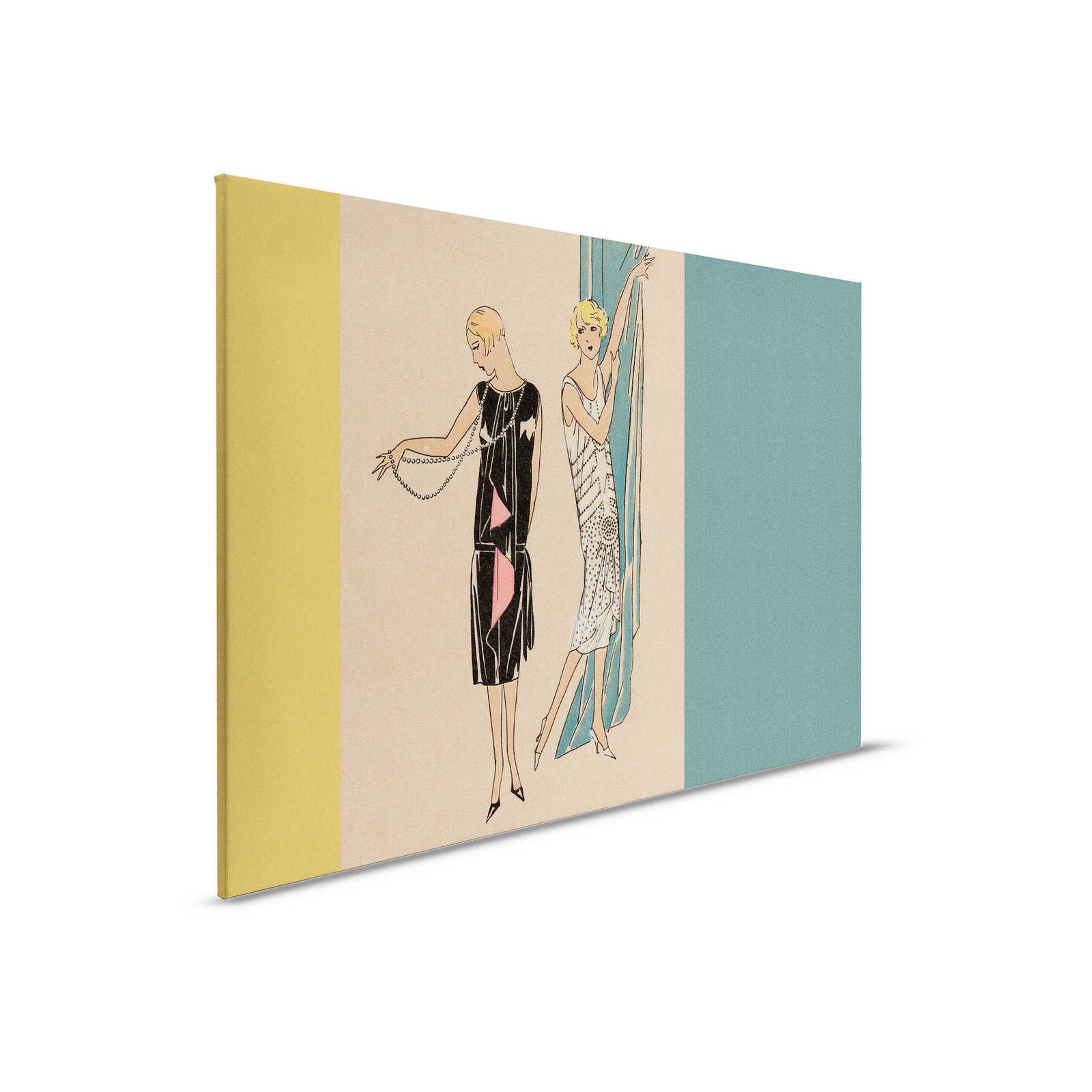 Parisienne 2 - Canvas schilderij Fashion jaren 20 Retro Stijl in Petrol & Geel - 0.90 m x 0.60 m
