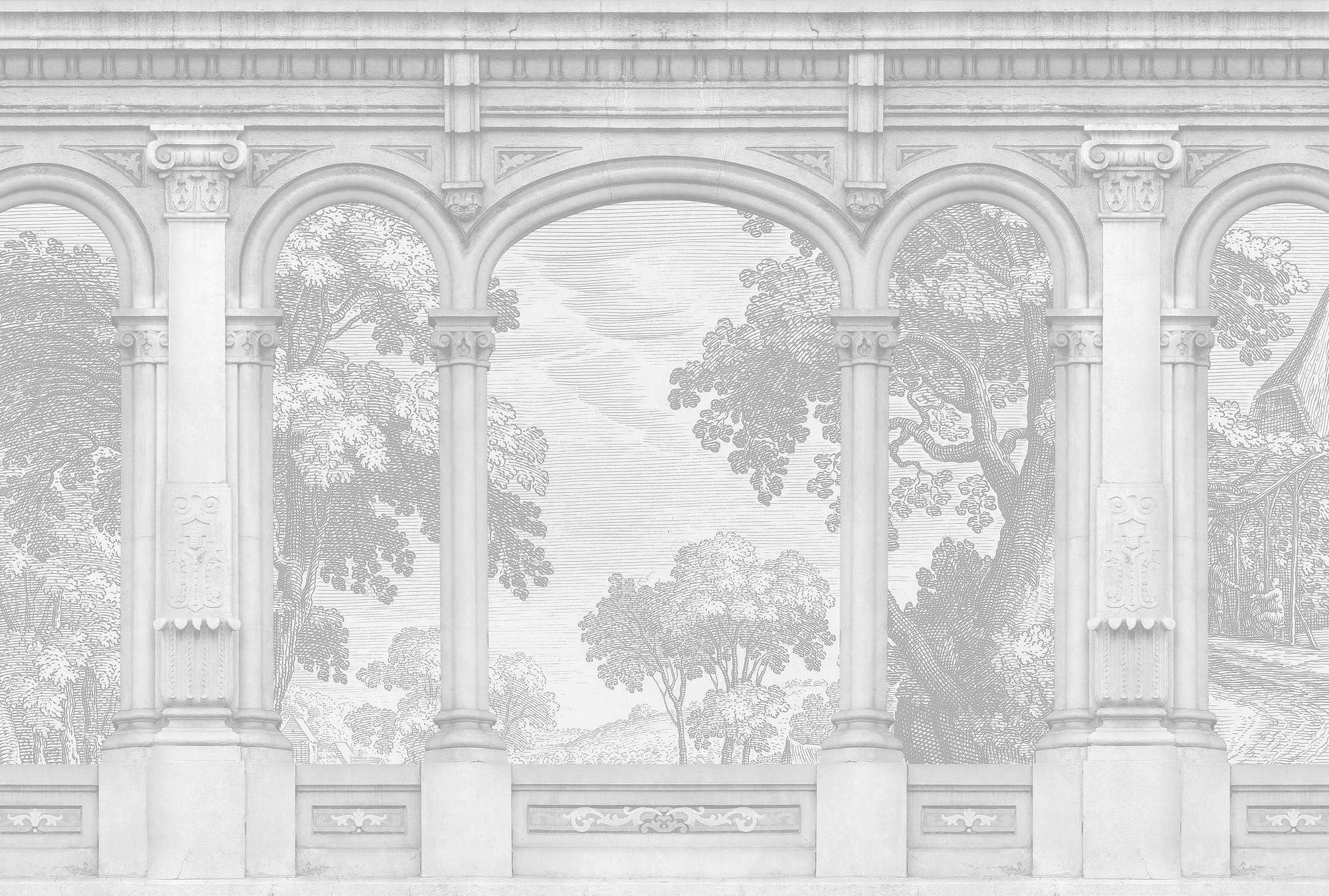             Roma 1 - Papier peint gris Historic Design avec fenêtre en arc de cercle
        