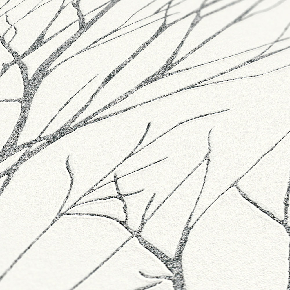             Carta da parati in tessuto non tessuto con motivo ad albero ed effetto metallizzato - grigio, nero, bianco
        