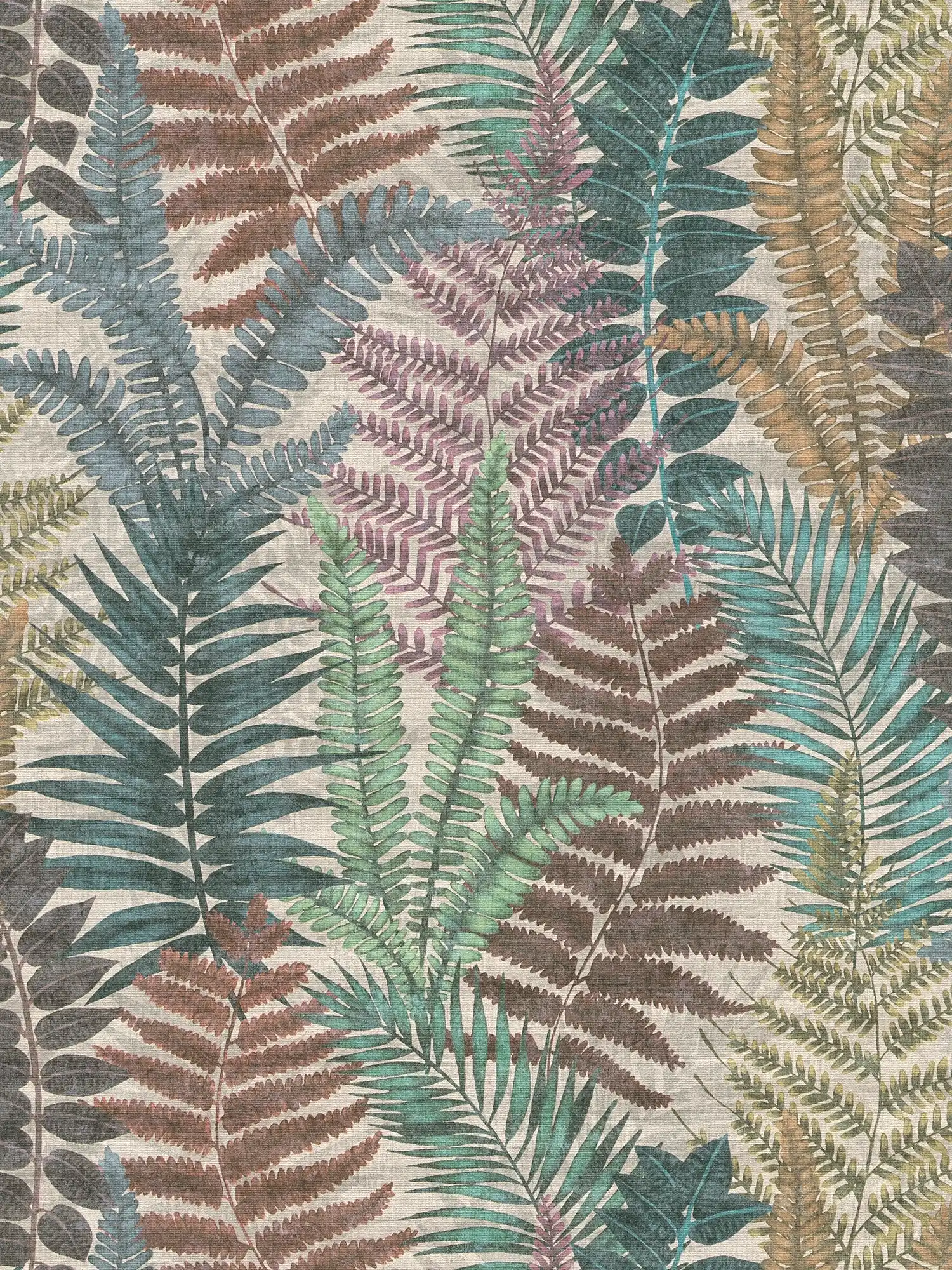 Floral wallpaper with fern leaves lightly textured, matt - multicoloured, beige, green
