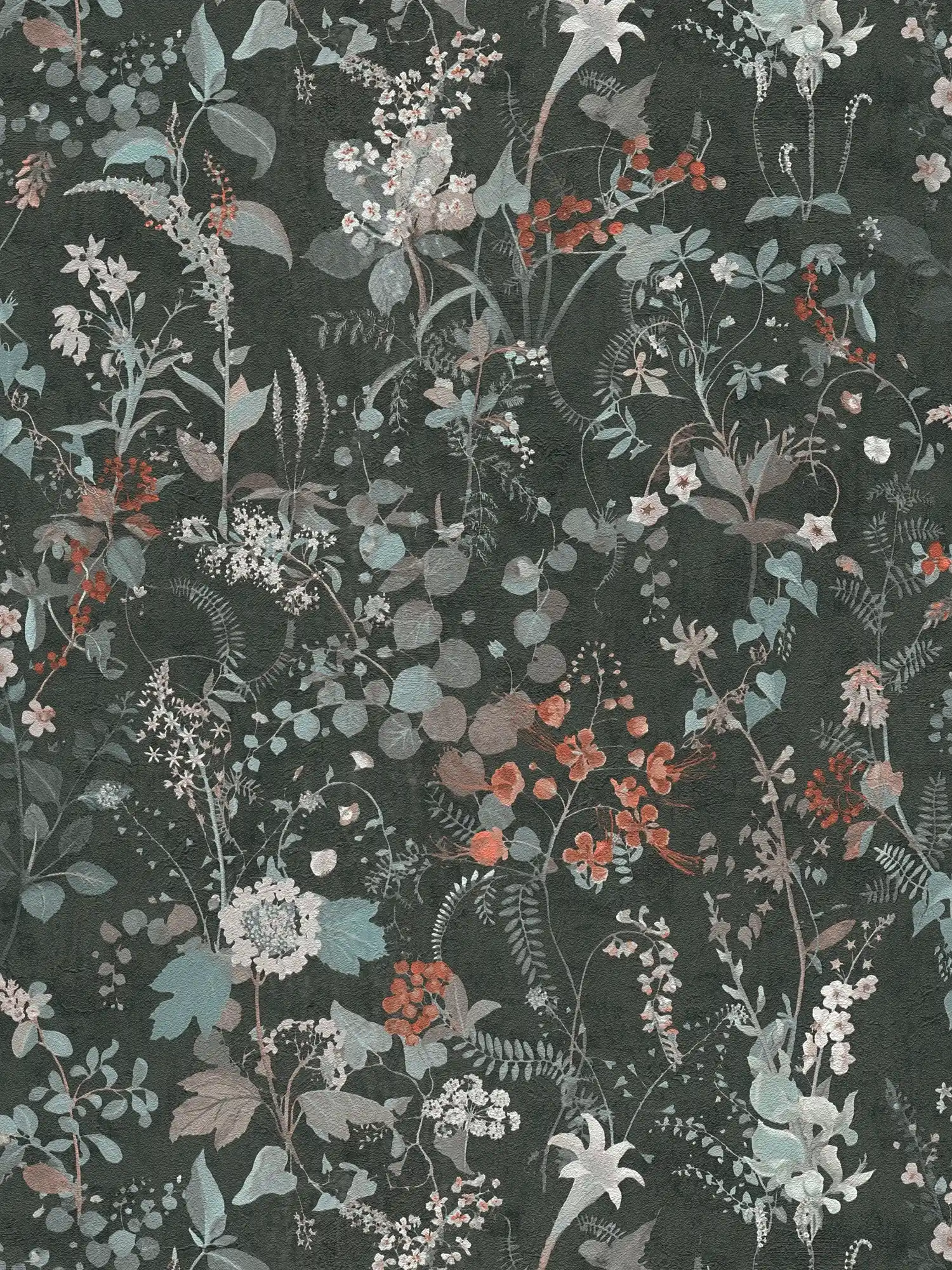         Black floral wallpaper with flowers pattern in grey and green
    