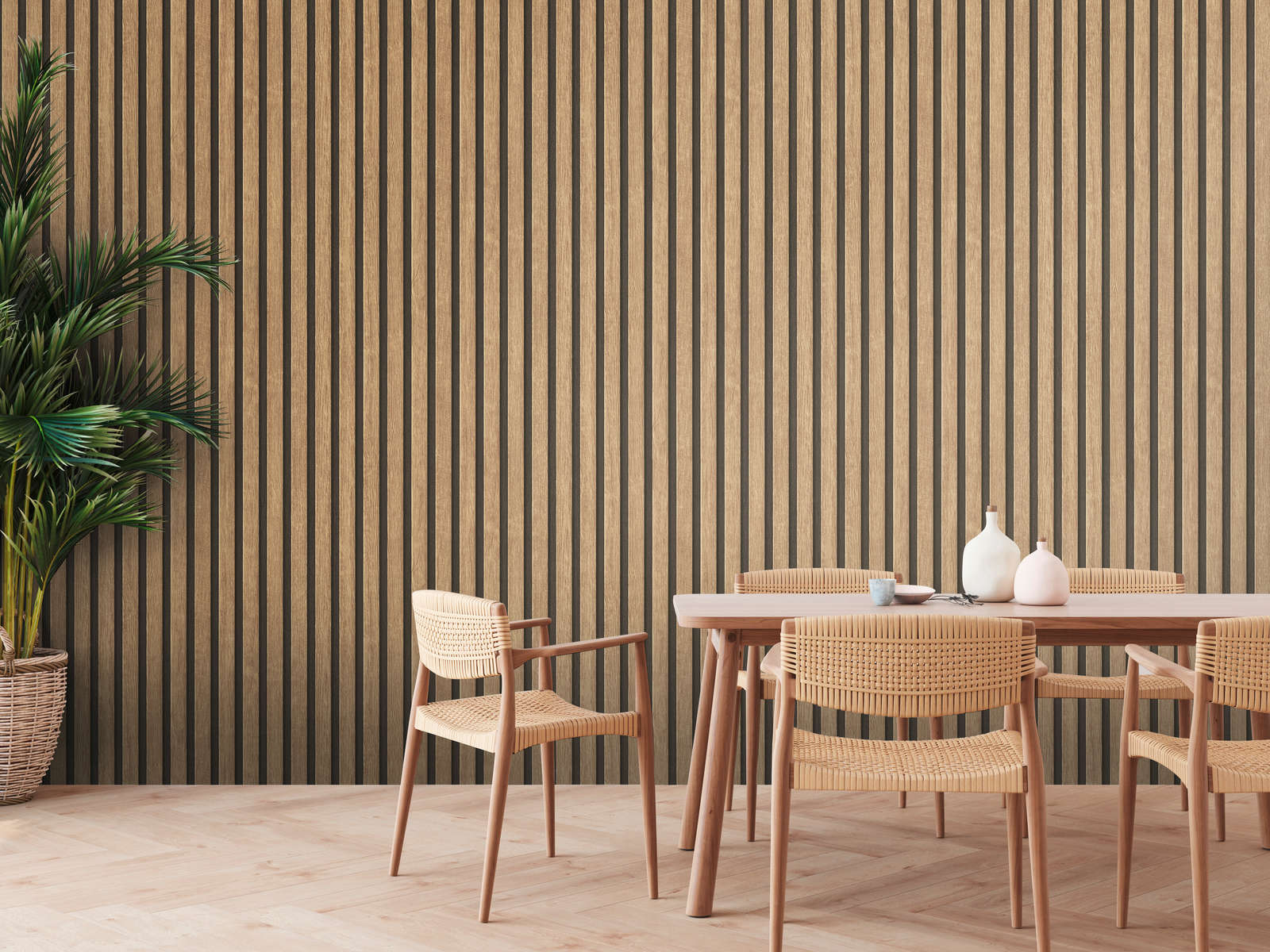             Wallpaper wood look with panel pattern - beige, brown
        