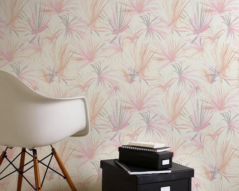 Floral wallpaper leaves motif in guest room, pastel pink design AS366241