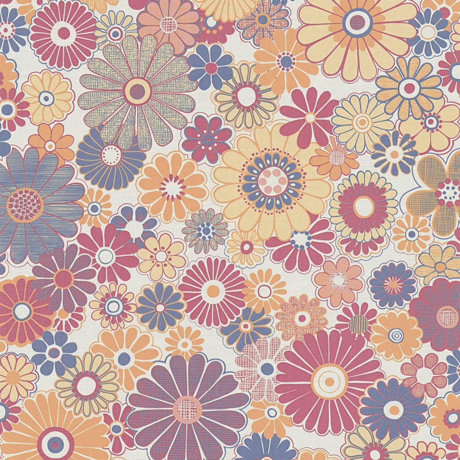 Retro non-woven wallpaper with floral pattern - red, blue, orange

