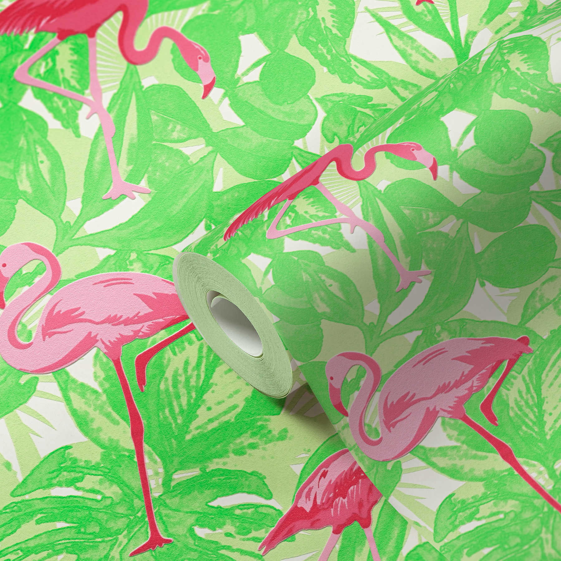             Papel pintado tropical con flamencos y hojas - rosa, verde
        
