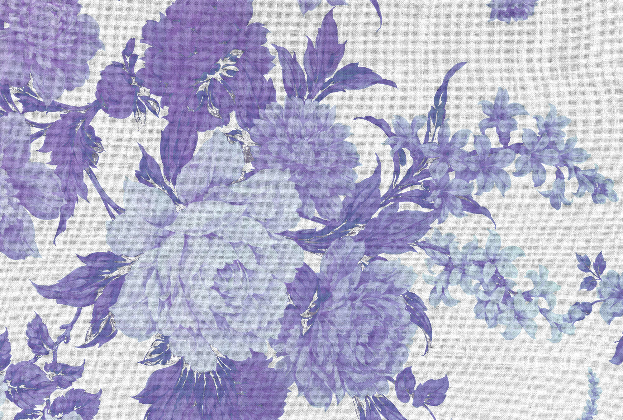             Papel pintado con rosas, adornos florales y aspecto textil - Púrpura, azul, blanco
        