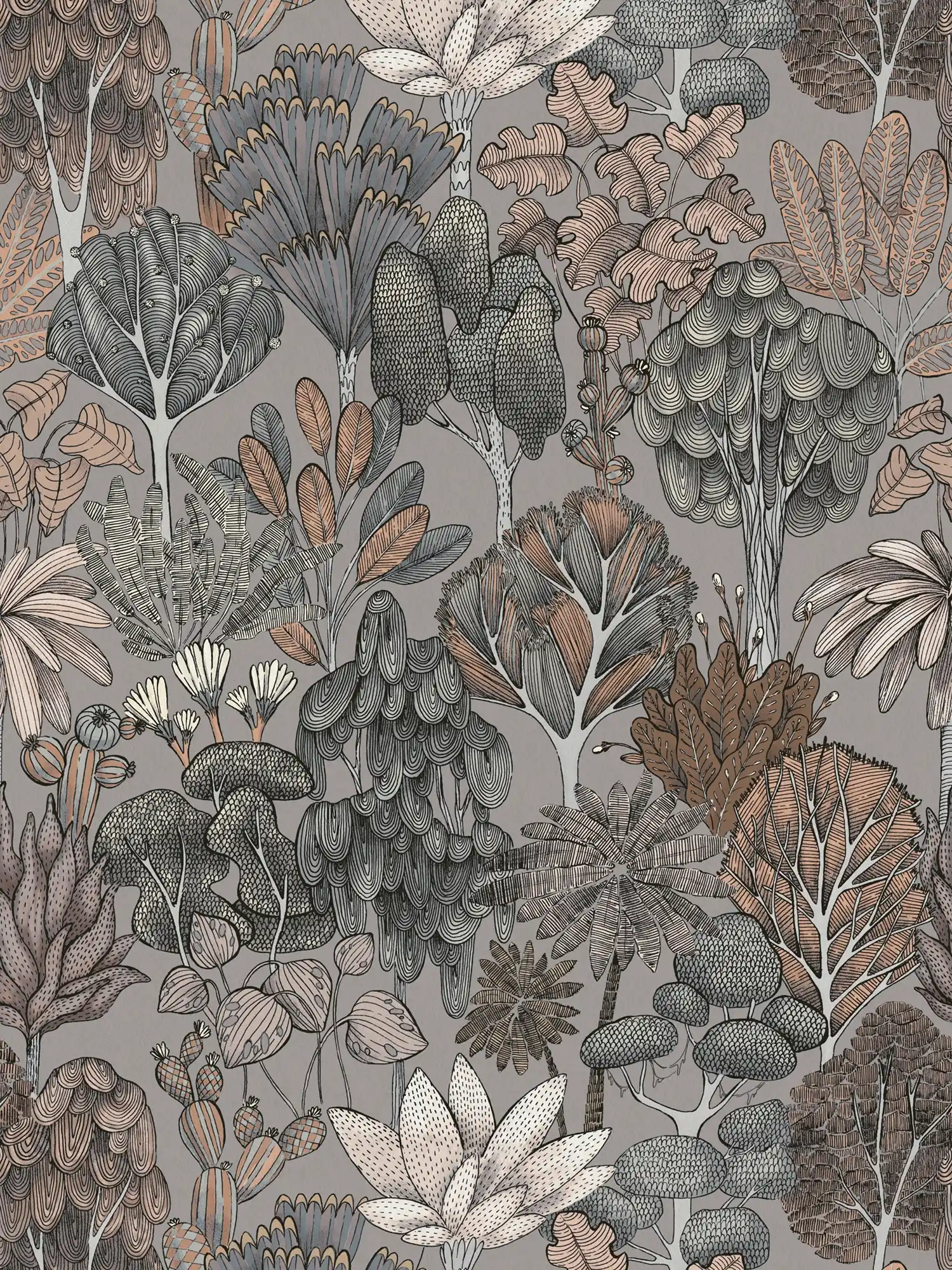         Wallpaper grey beige with floral pattern in doodle look - grey, beige, orange
    