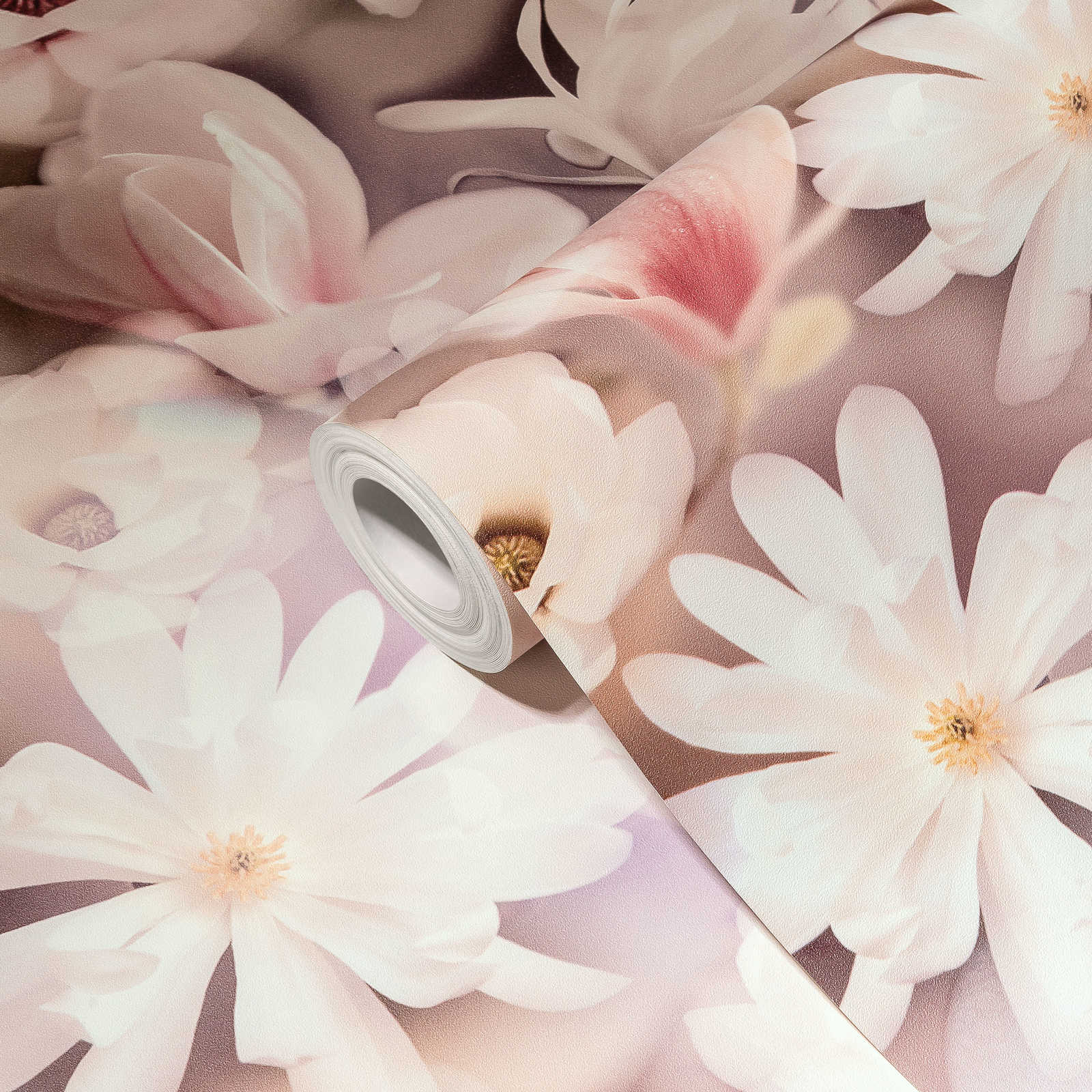             Papier peint fleuri Collage Design en rose et blanc
        