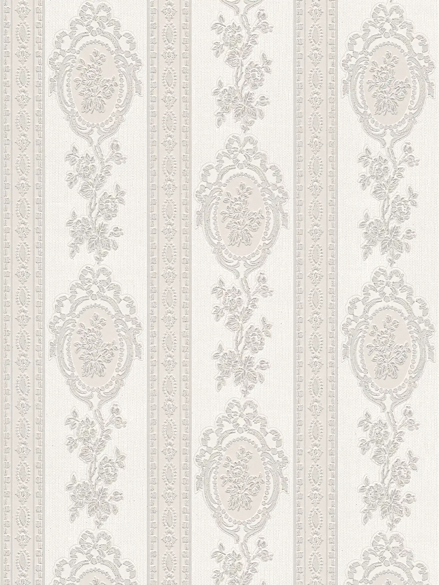Ornamental wallpaper floral elements, stripes and flowers - grey, white, silver
