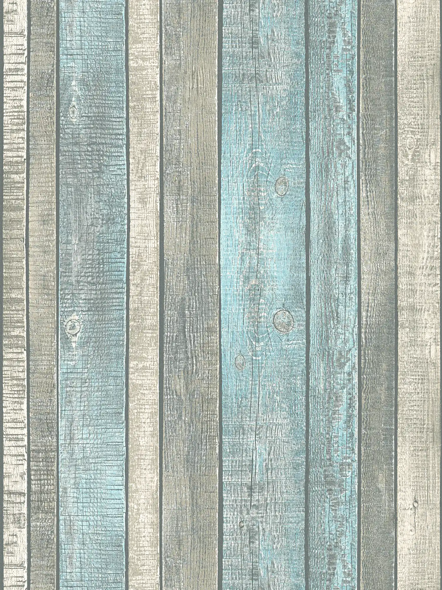 Papel pintado con aspecto de madera con tablas y grano rústico - azul, gris, crema
