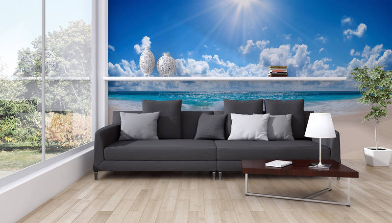             Beach mural waves with bright sun on textured non-woven fabric
        