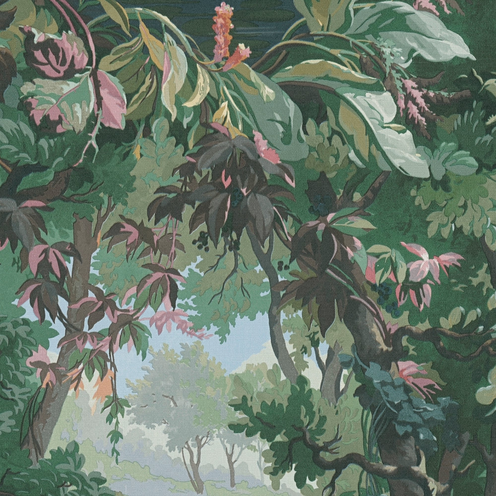             Hunting motif wallpaper, forest & ducks - green, blue, pink
        