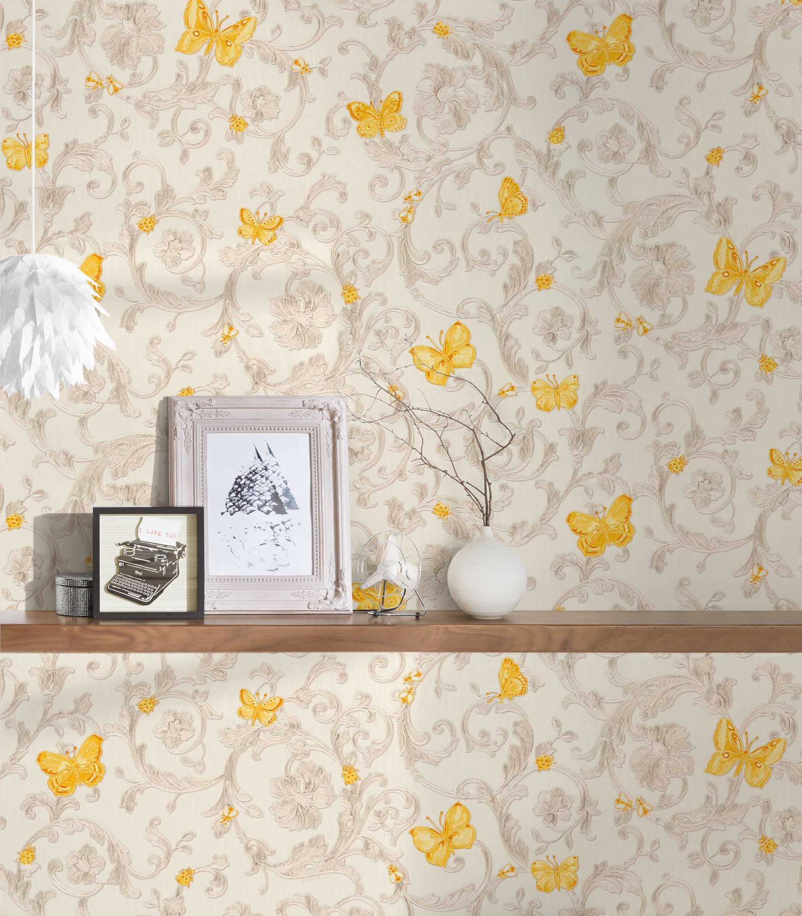             Papier peint VERSACE avec papillons & ornements - crème, or
        
