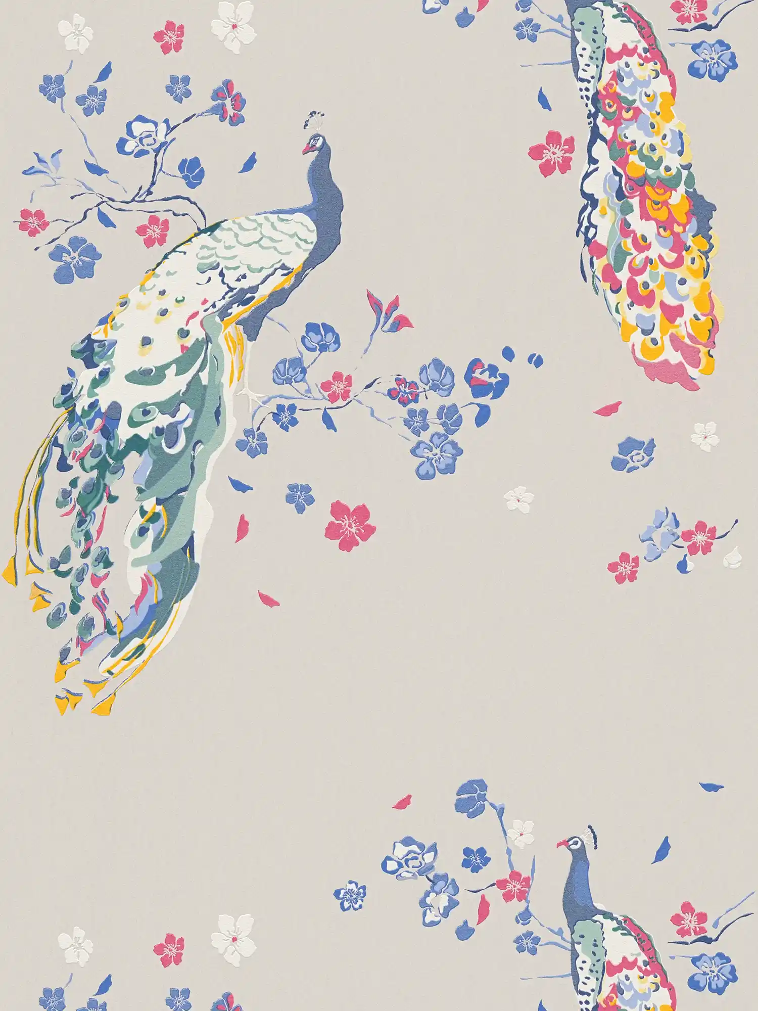 Papier peint à motifs avec motif de paon et effet brillant - beige, bleu, multicolore
