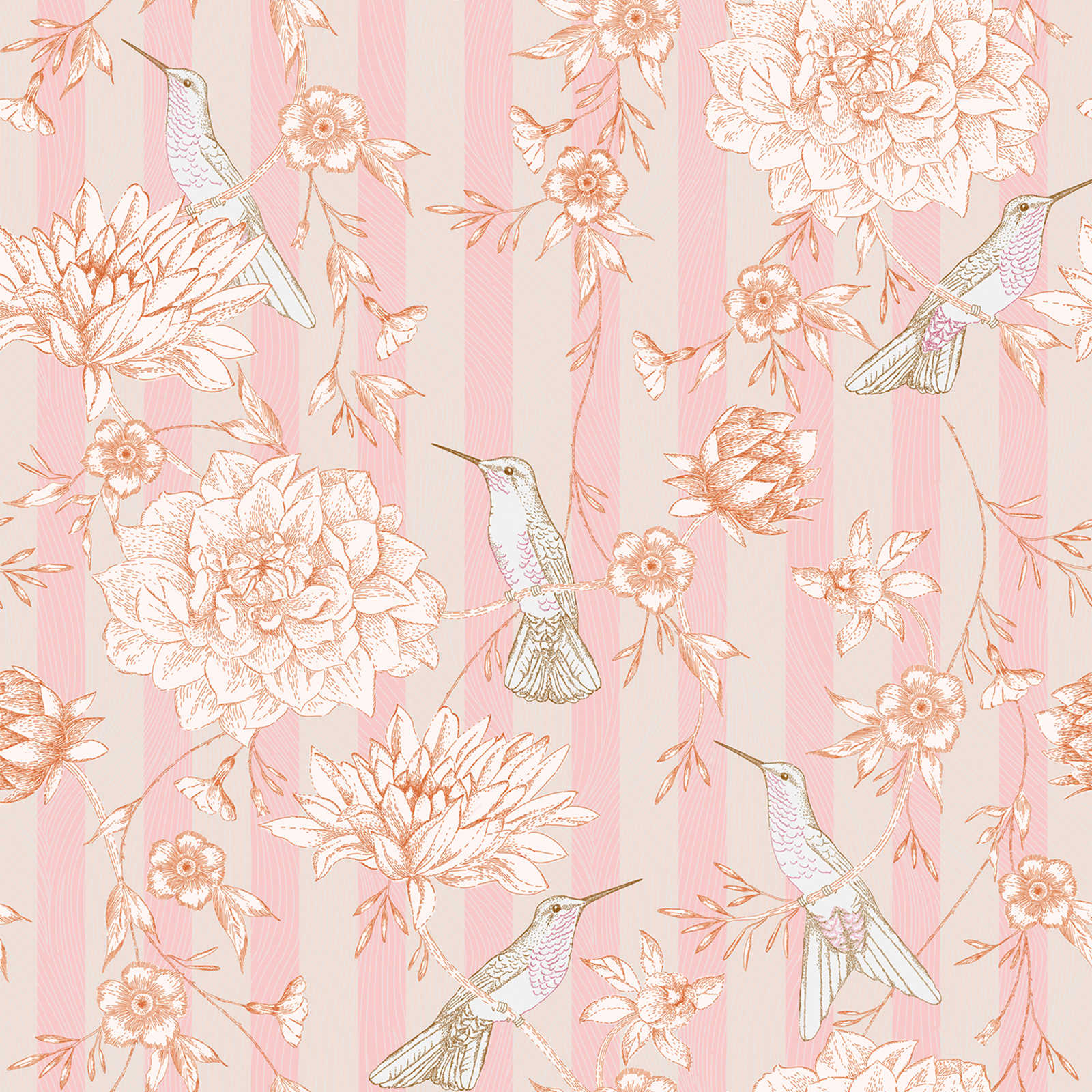 Striped wallpaper with floral motif and birds - pink, beige, orange
