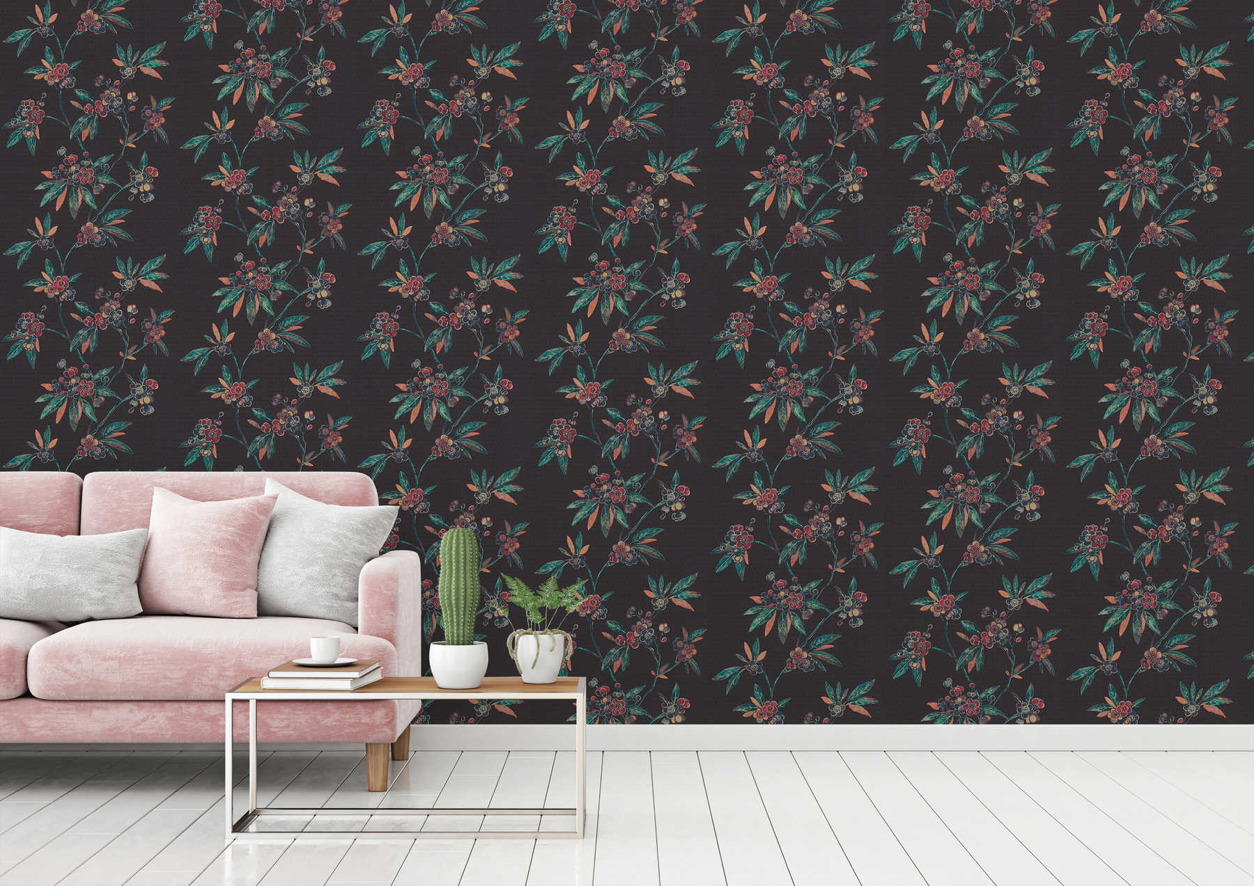             Floral wallpaper with flower tendrils in Asian style - black, green, red
        