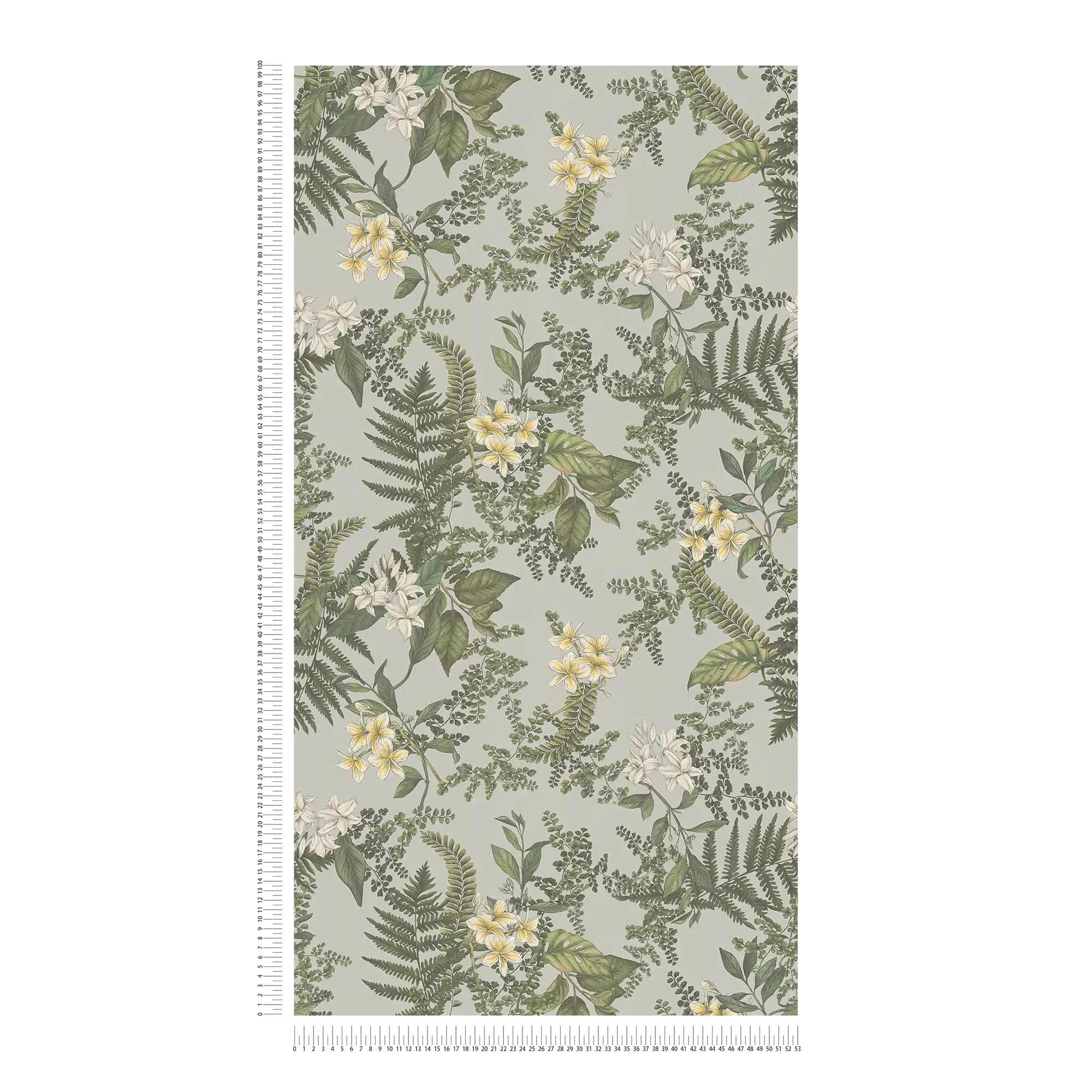             Modern floral style wallpaper with flowers & grasses textured matt - grey, dark green, white
        