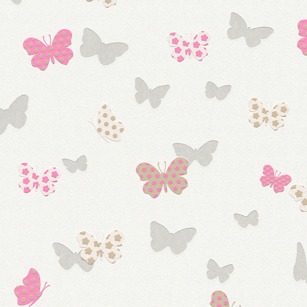             Carta da parati per bambine con farfalle e colori metallizzati - Bianco, rosa
        