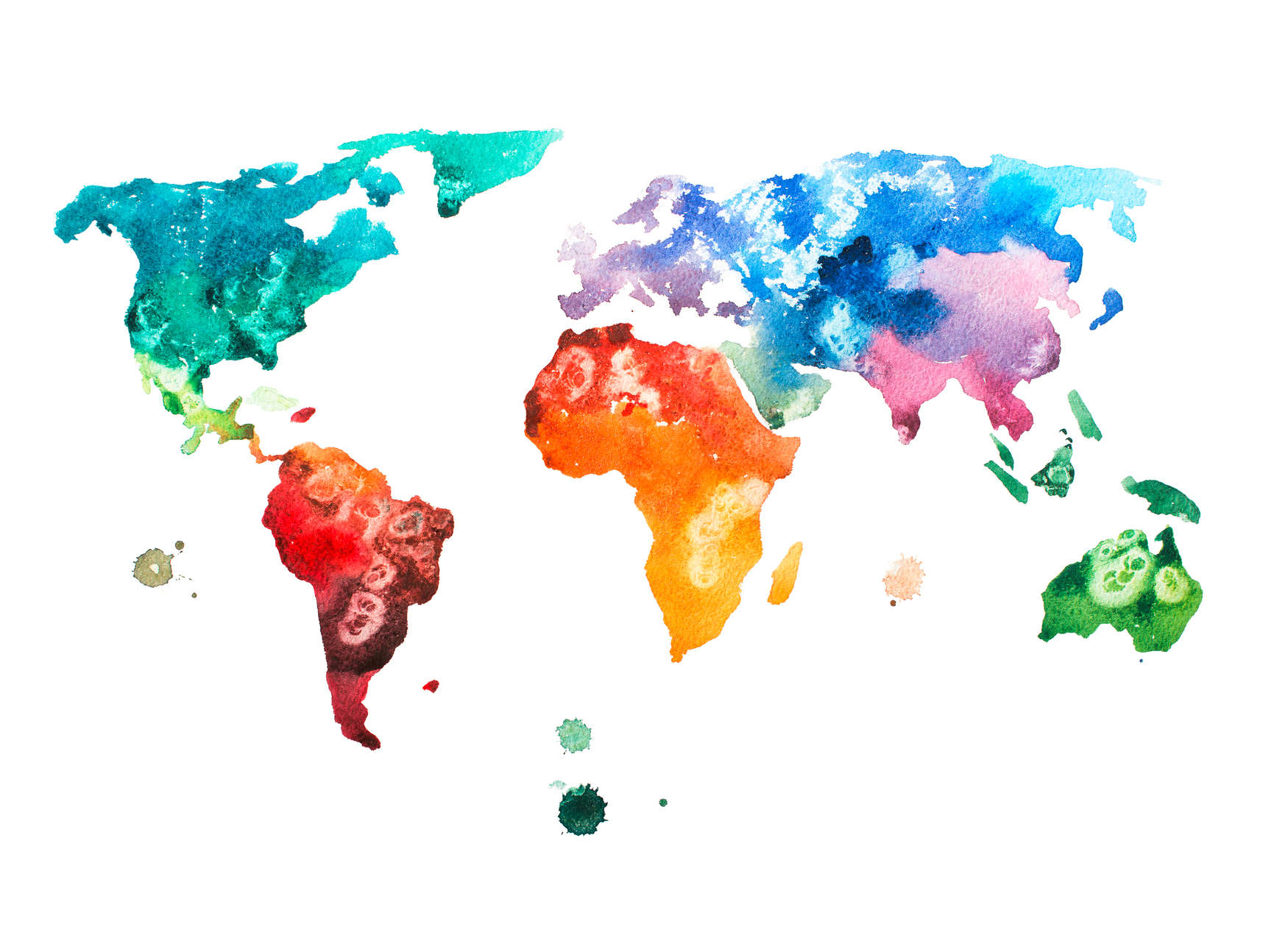             World map mural in watercolour look - colourful, white
        