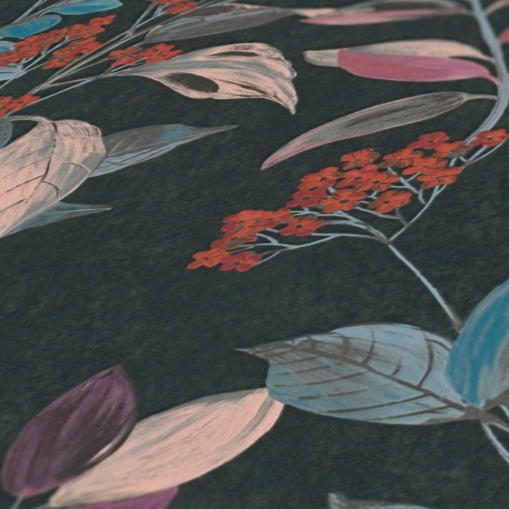             Papier peint intissé floral - multicolore, noir, bleu
        