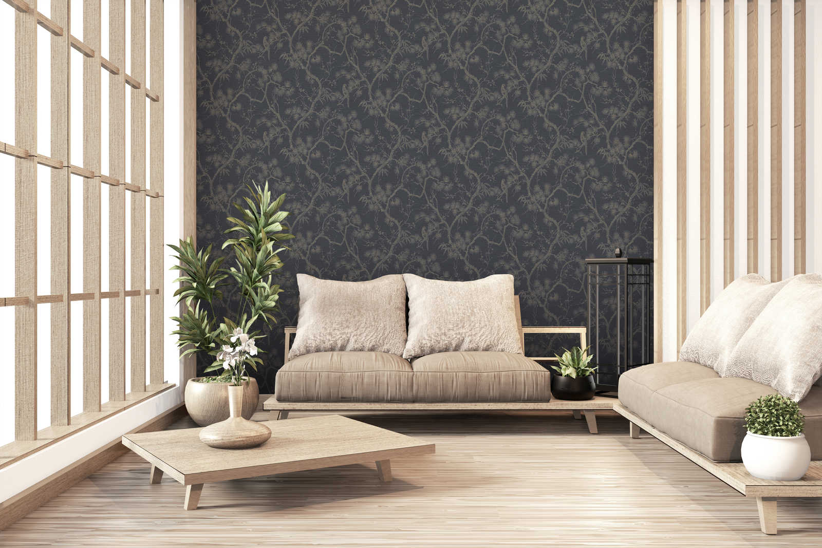             Non-woven wallpaper in Asian style with gold effect - grey, metallic, black
        