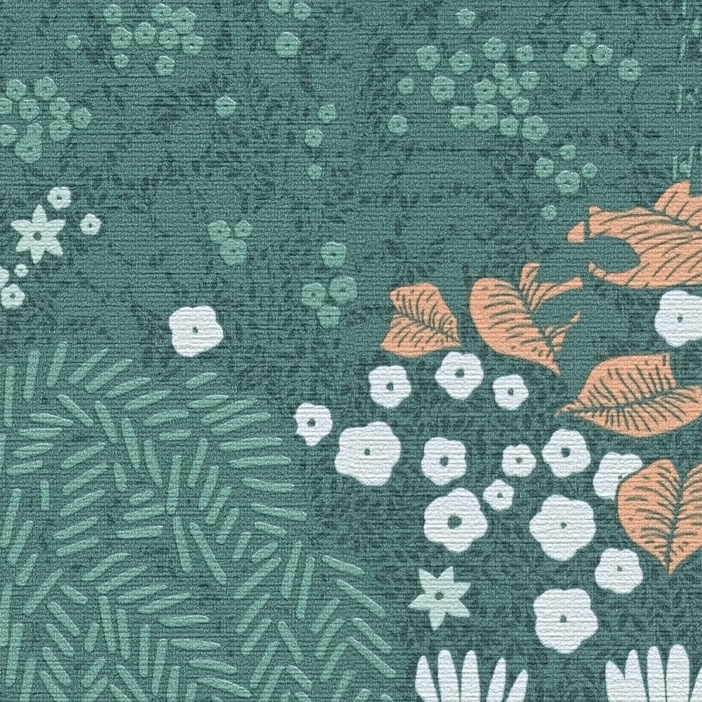             papier peint en papier floral avec feuilles légèrement structuré, mat - pétrole, orange, vert
        