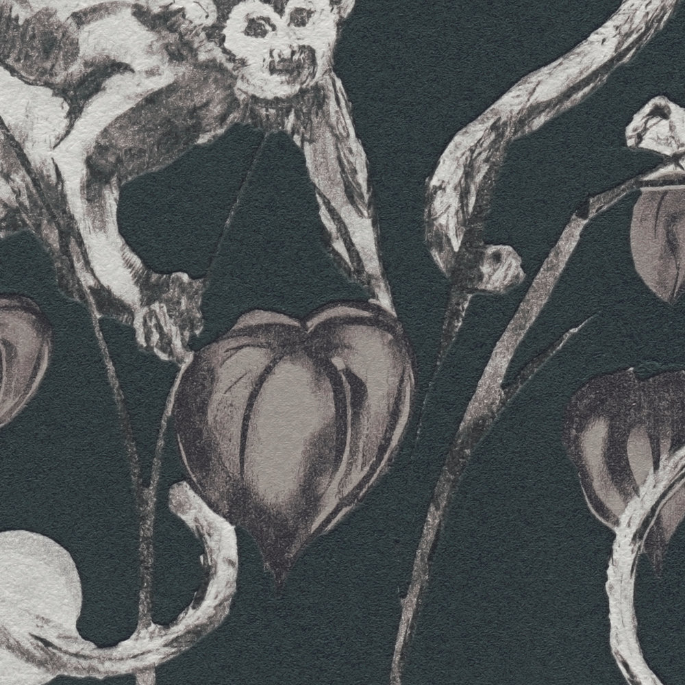             Papel pintado no tejido oscuro diseño monos y hojas de MICHALSKY
        
